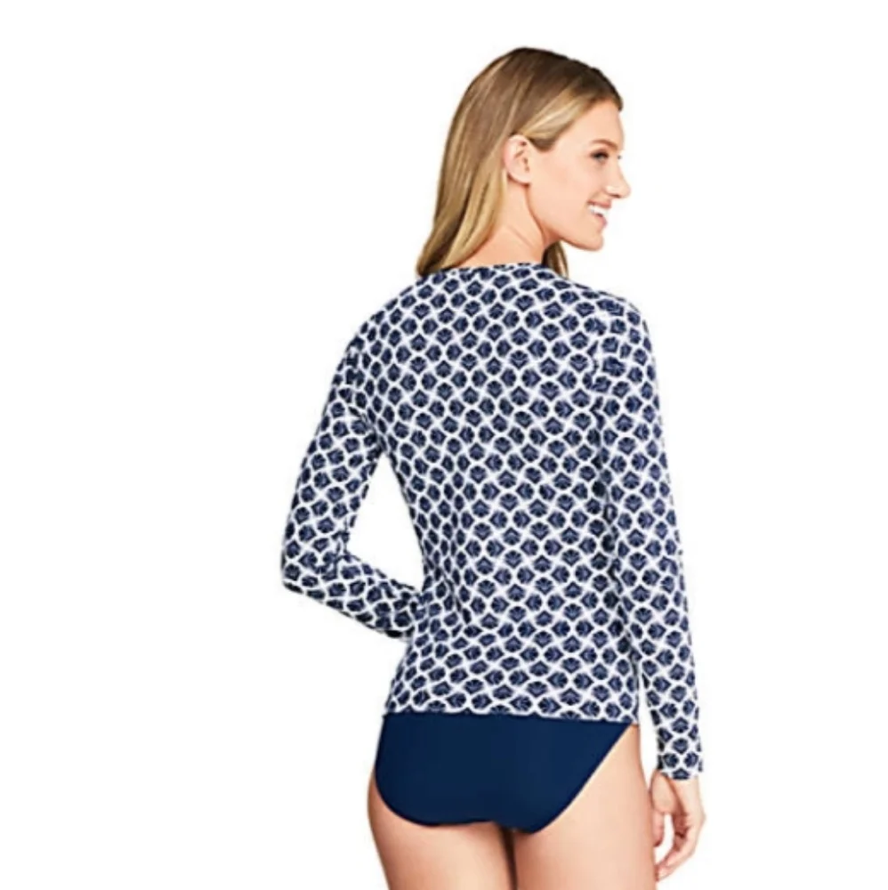 NWT*Lands' End navy print border* long sleeve rash guard*XS